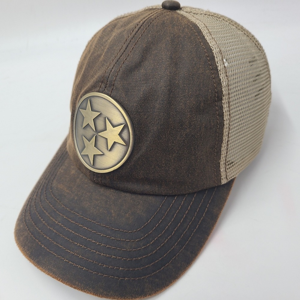 Tennessee Hat Adjustable Trucker Mesh Brown Beige Waxed Cotton Metal Logo Men